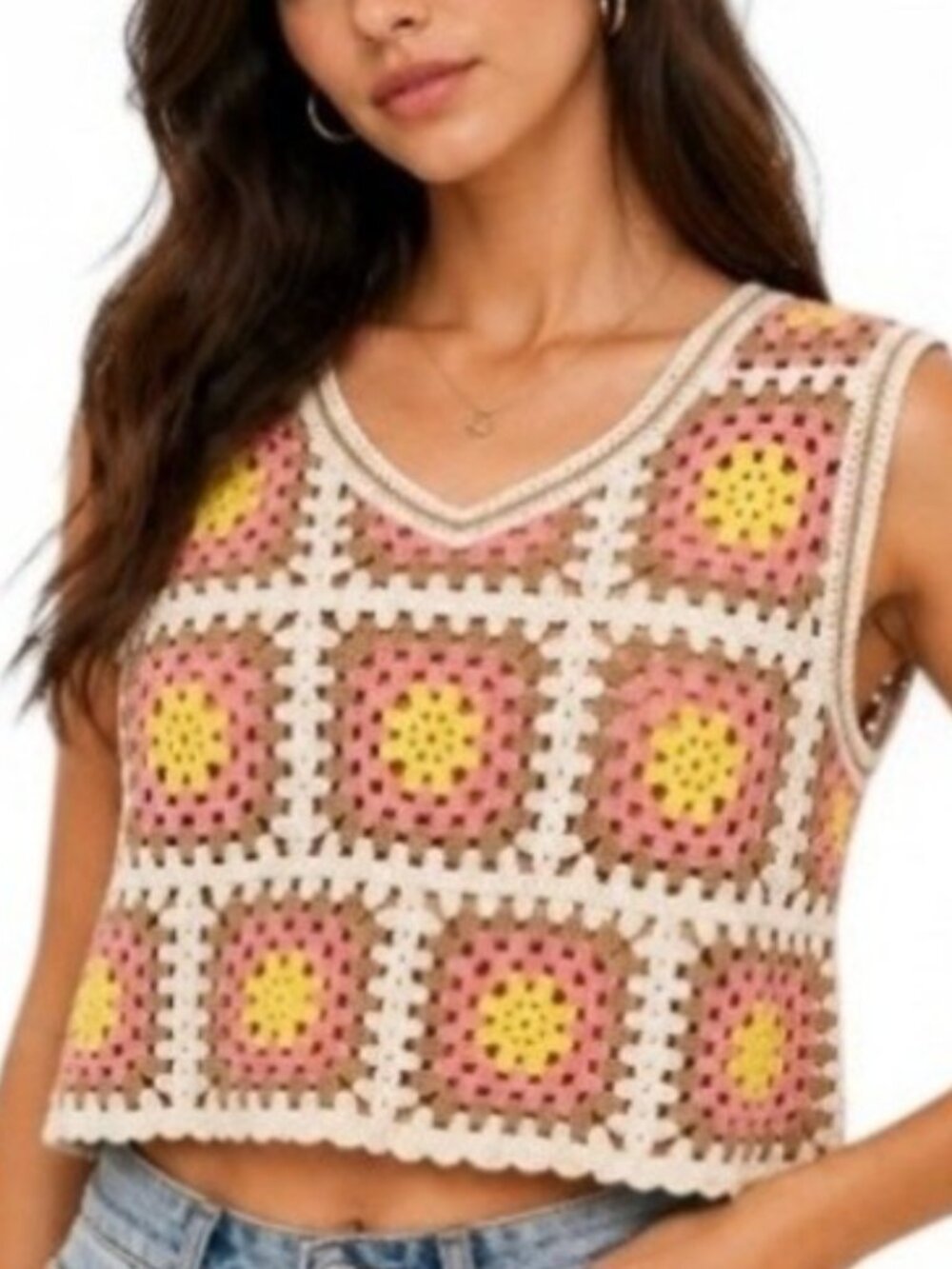 WOWO Brand Size Large Granny Square Cropped Crochet Sleeveless Top Pink & Tan
